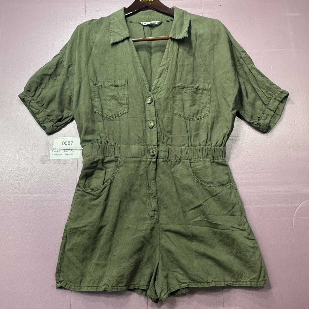 Zara‎ Romper Women XL Olive Green Button Front Utility Linen Blend Short